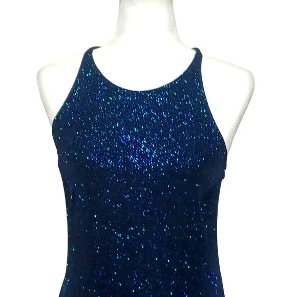Vintage Glitter Dress Size 9 10 Navy Blue Long Length Open Back Ties High Vents - Picture 2 of 10